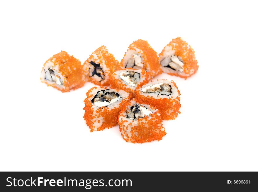 Canada sushi rolls with rice isolated on white.