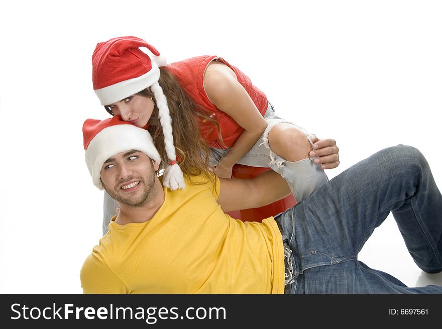Lady kissing on man's head on an isolated background