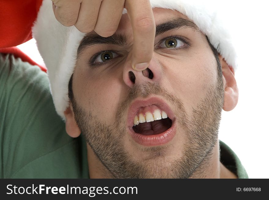 Man raising his nose on an isolated background