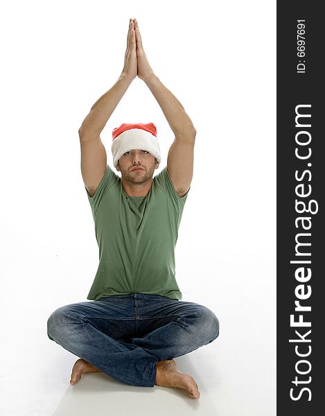 Praying man with santa cap with white background