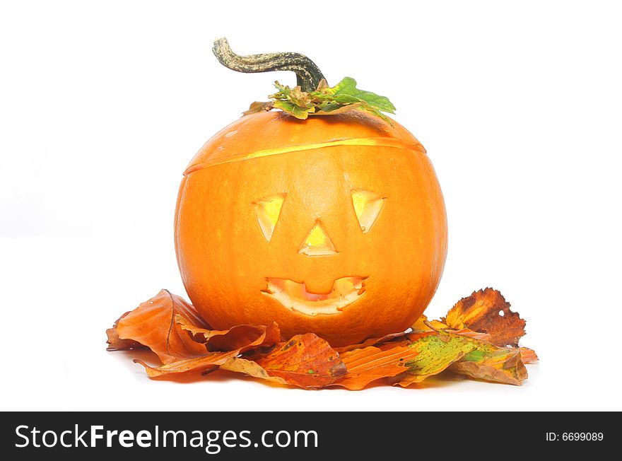 Halloween pumpkin mask with Autumn leaves. Halloween pumpkin mask with Autumn leaves