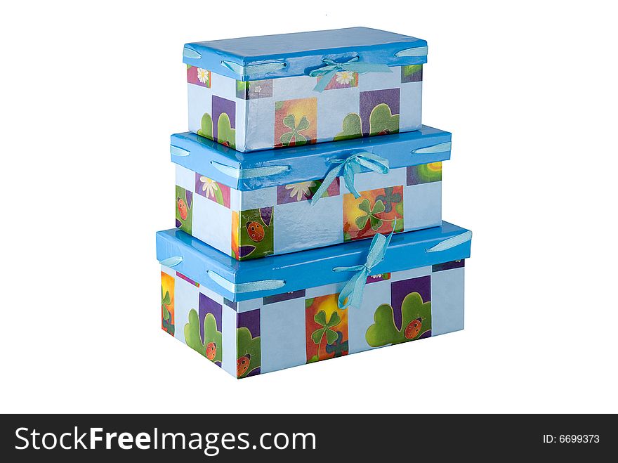 Gift boxes of blue color with a blue bowes