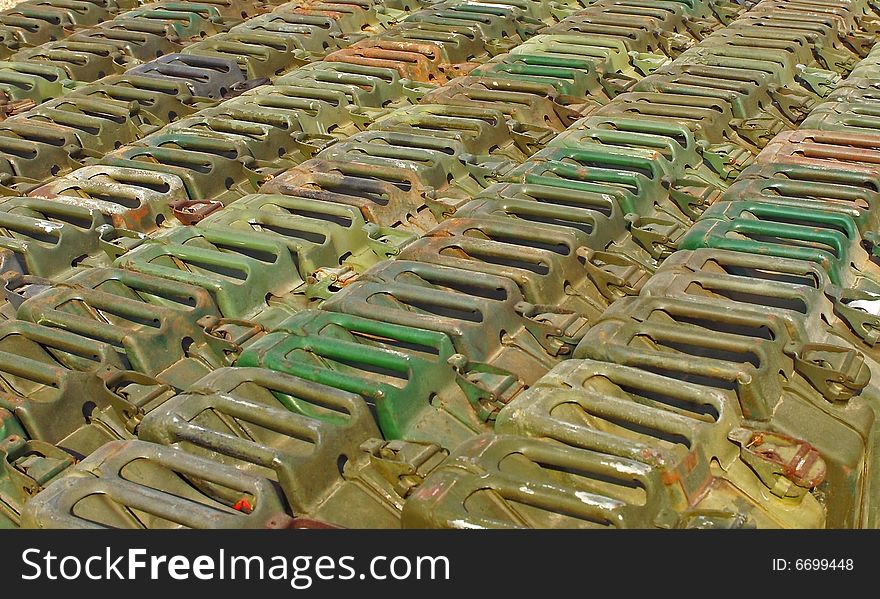 A syockpile of Jerry fuel cans at a military base. A syockpile of Jerry fuel cans at a military base