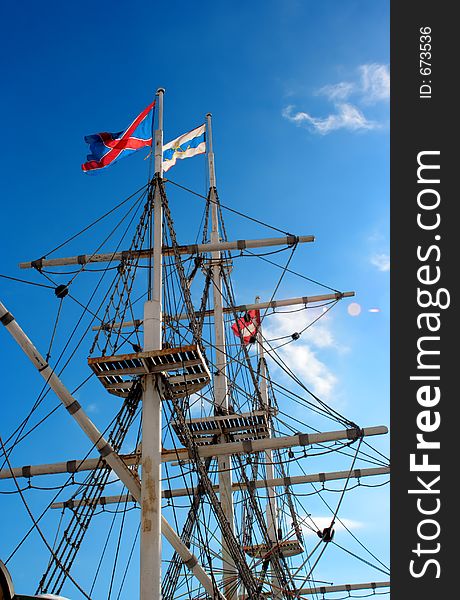 Jury-masts and rope of sailing ship.