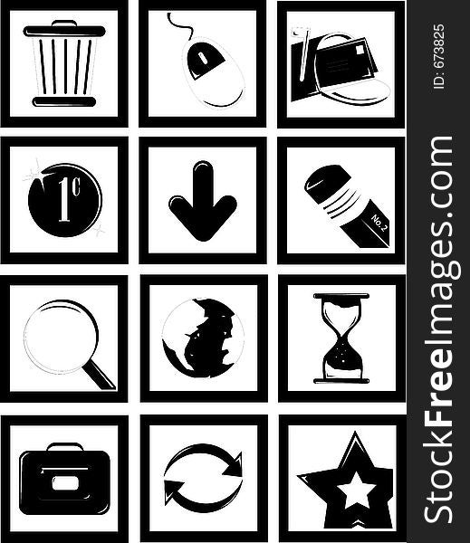 Trash, mouse, mail, money, arrow, pencil, magnifing glass, world, hour glass, travel, recycle, star icons. Trash, mouse, mail, money, arrow, pencil, magnifing glass, world, hour glass, travel, recycle, star icons