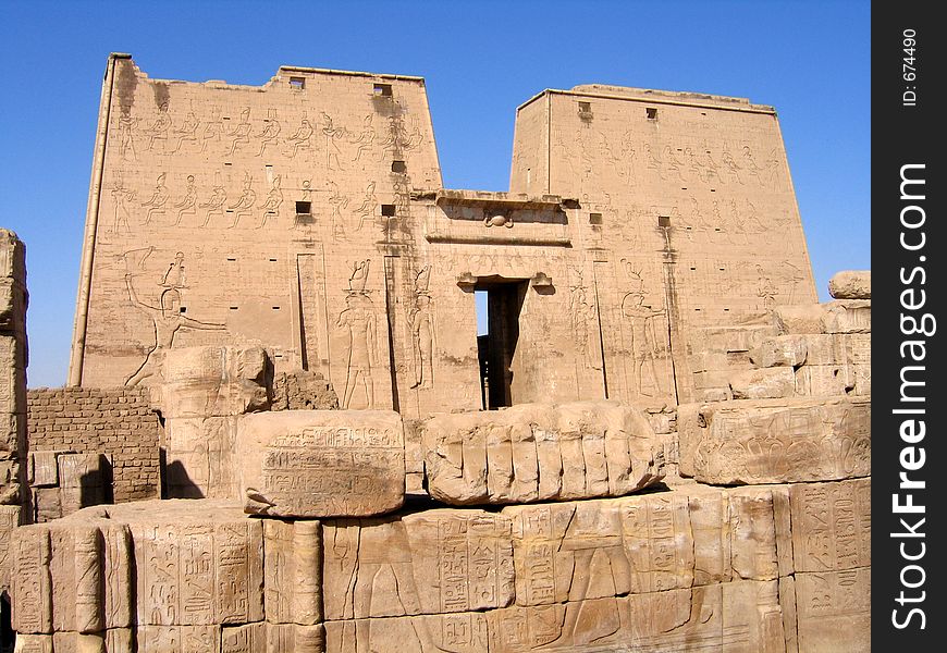 View of Edfu temple and hieroglyphs. View of Edfu temple and hieroglyphs