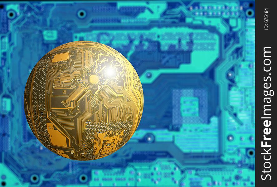 Flying object (yellow circuit board as a sphere) on blurred techno bachground (another circuit board). Flying object (yellow circuit board as a sphere) on blurred techno bachground (another circuit board)