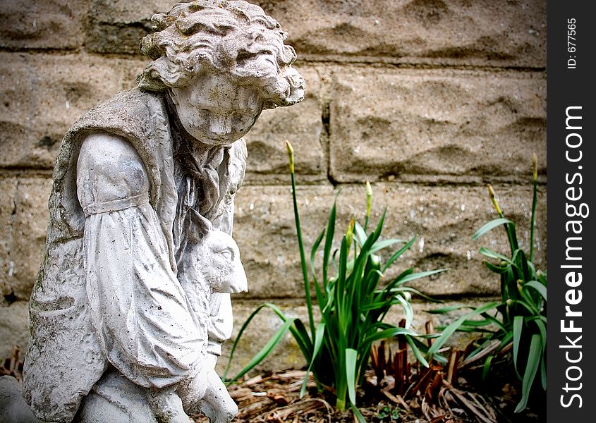 Vintage concrete statue of a shepherd holding a sheep. Vintage concrete statue of a shepherd holding a sheep