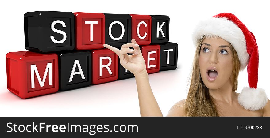 Three dimensional building blocks with stock market text and sexy woman with Santa hat on an isolated white background. Three dimensional building blocks with stock market text and sexy woman with Santa hat on an isolated white background