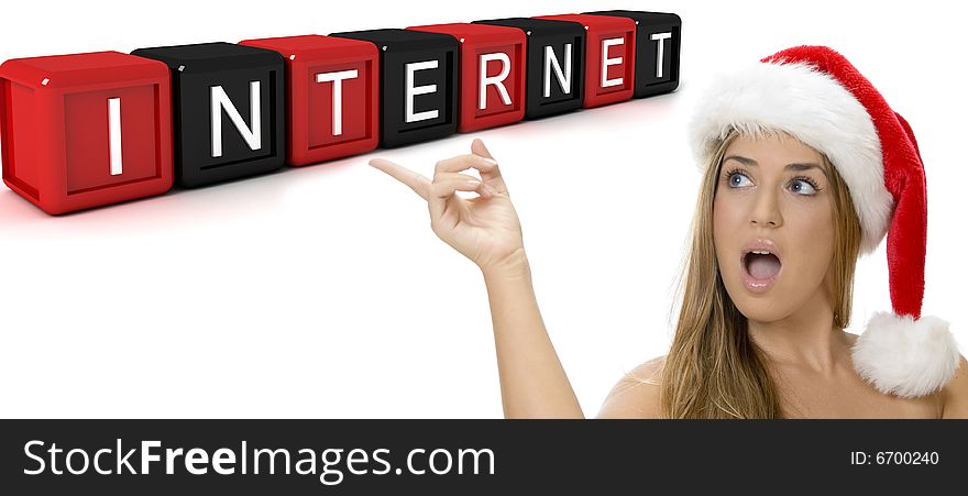 Three dimensional building blocks with internet text and sexy woman with Santa hat on an isolated white background