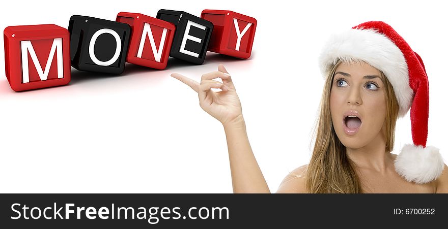 Three dimensional building blocks with money text and sexy woman with Santa hat on an isolated white background