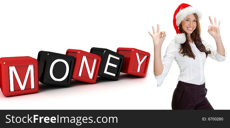 Three dimensional building blocks with money text and women gesture OK on an isolated white background