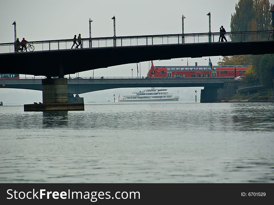 Two bridges over rhine river in constance, germany