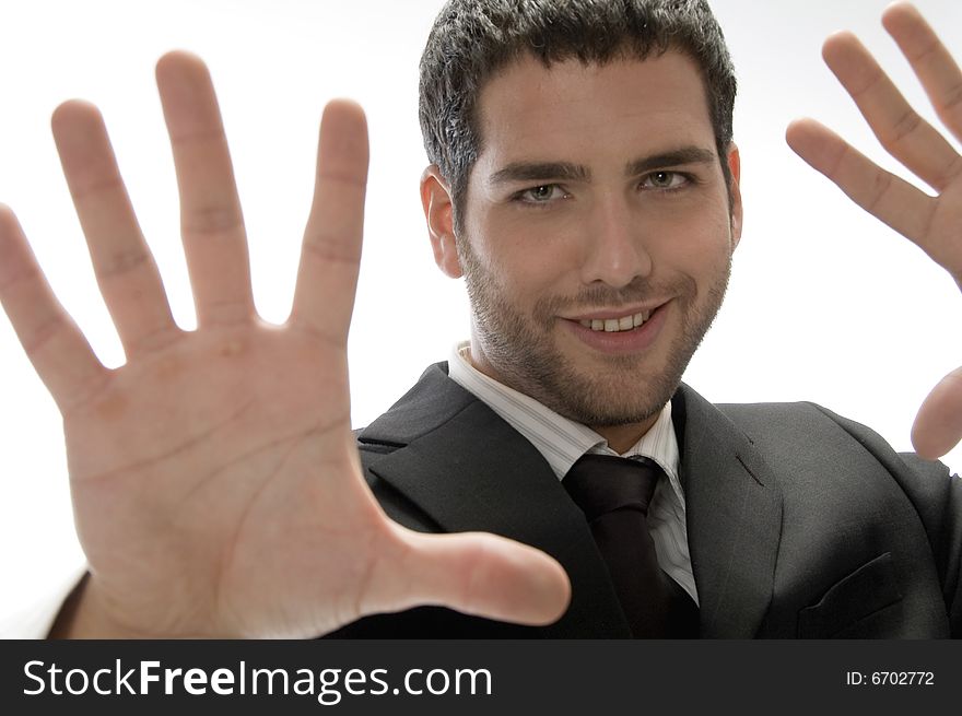 Young man with hand gesture isolated on white background