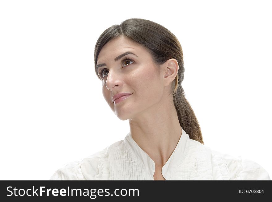 Charming lady looking upside on an isolated background