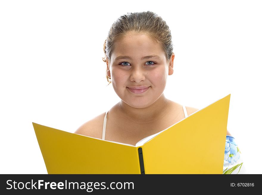 Smiling girl with book looking you with white background