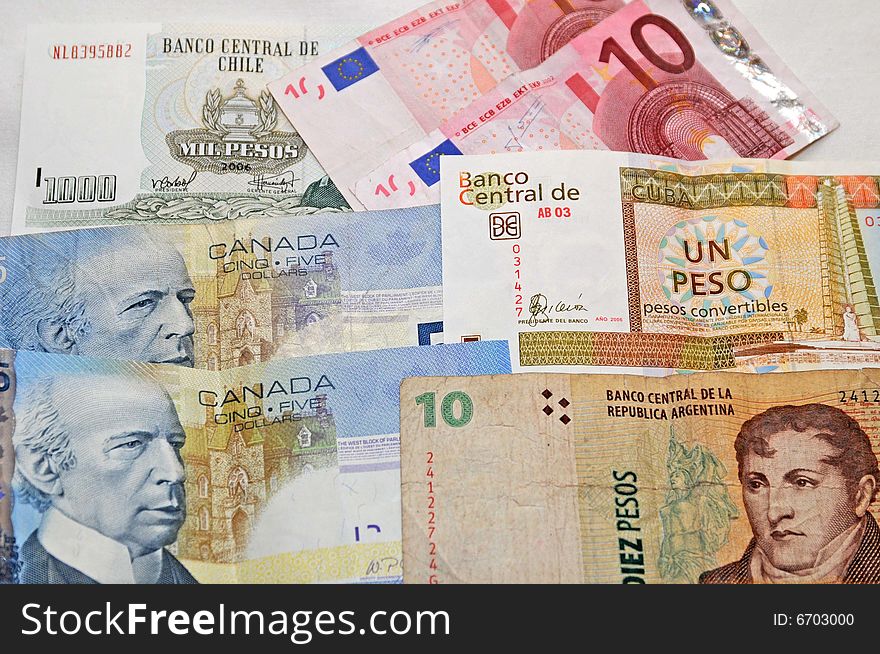 Money notes from cuba argentina, europe, chile and canada