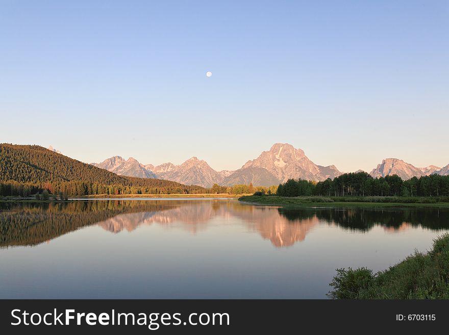 The Oxbow Bend Turnout Area in Grand Teton National Park in the morning light. The Oxbow Bend Turnout Area in Grand Teton National Park in the morning light