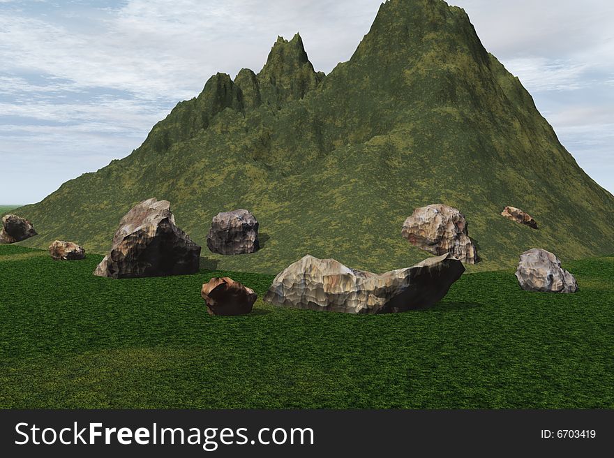 Illustration of a rural mountain and surrounding boulders. Illustration of a rural mountain and surrounding boulders.
