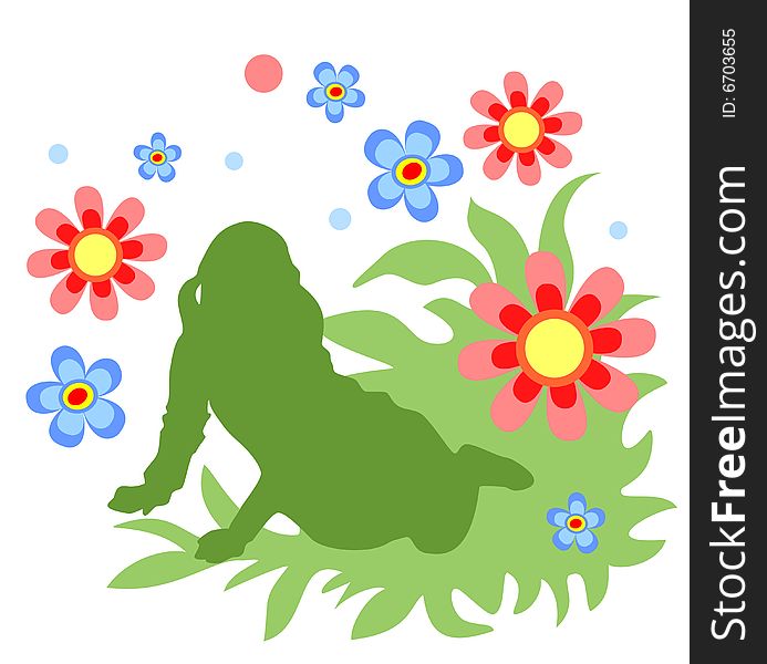 Sitting girl silhouette with flowers on a white background. Sitting girl silhouette with flowers on a white background.