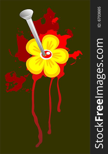 Cartoon yellow flower with nail on a black background. Cartoon yellow flower with nail on a black background.