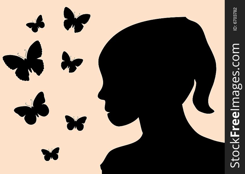 Young girl silhouette surounded by butterflies. Young girl silhouette surounded by butterflies.