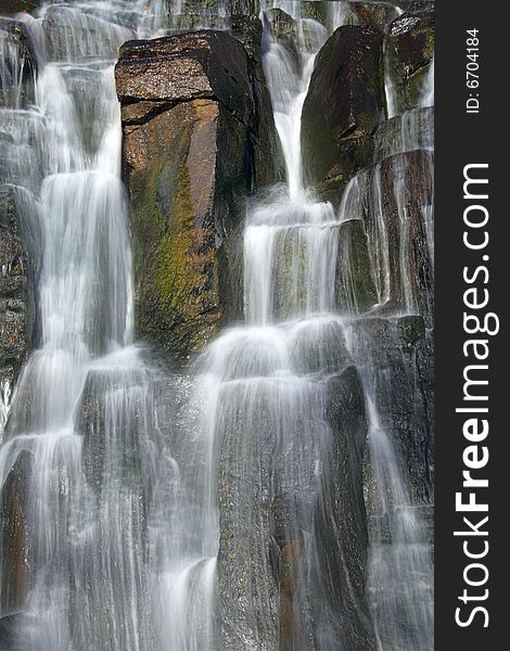 Close-up of waterfall on bossed stream, Primorsky territory, Russia