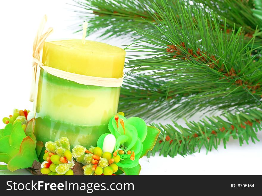 Christmas ornaments.Candle,fir-tree,flowers,berry.