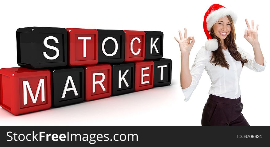 Three dimensional building blocks with stock market text and women gesture okay on an isolated white background
