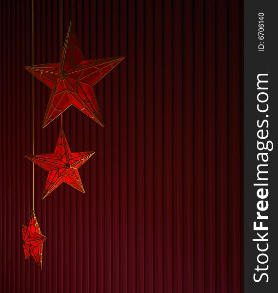 Three red glass stars in a gold fringing. Christmas background.