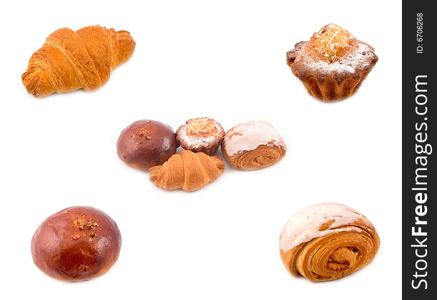 Collage tasty fresh beautiful rolls puff rich barmy dough and biscuit on white background