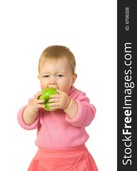 Small baby with apple #7 isolated on white