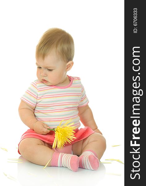 Sitting small baby with yellow flower #9 isolated