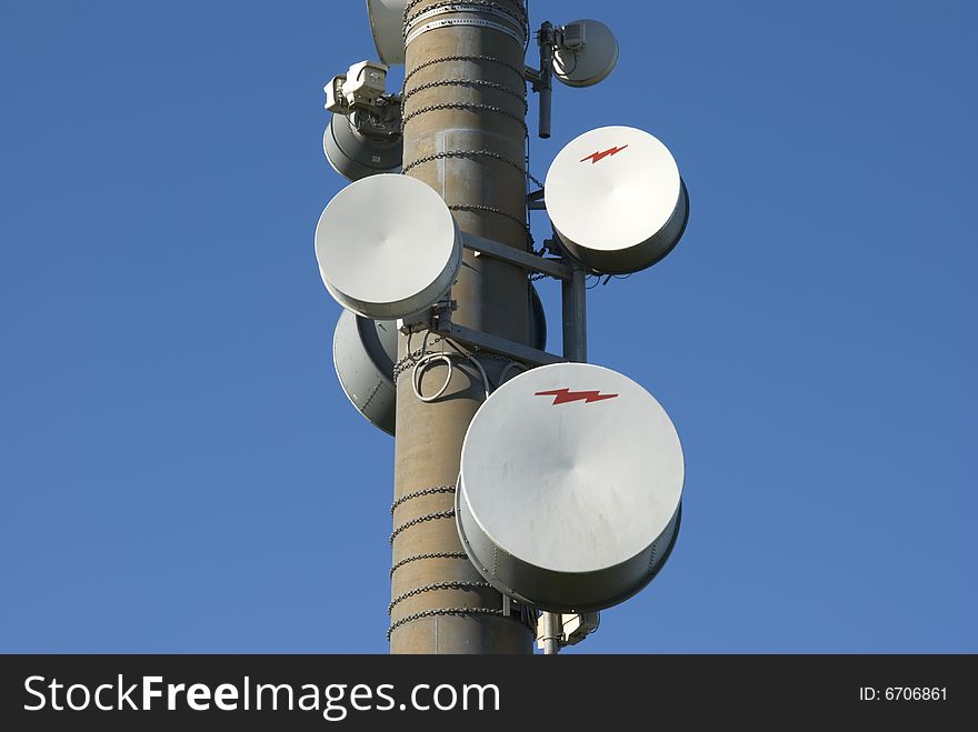 A close up of a communications tower. A close up of a communications tower.