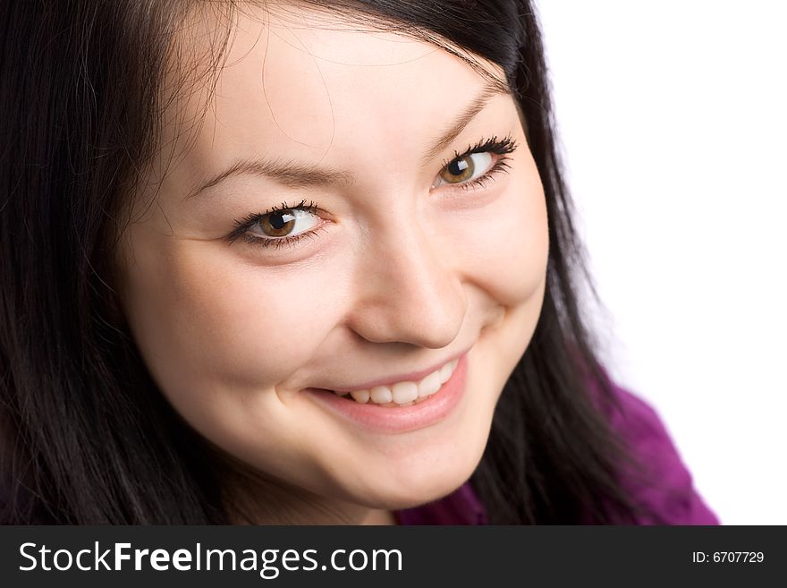 Beautiful woman girl smiling isolated over a white background
