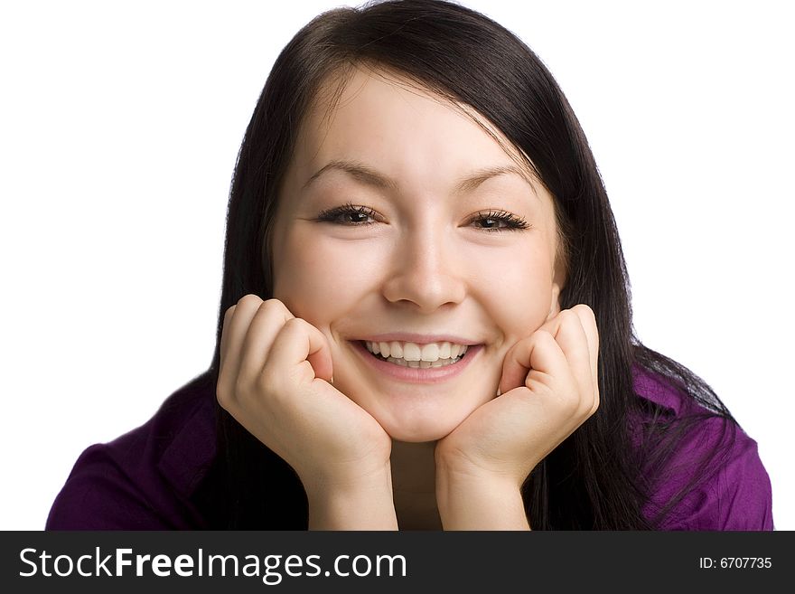 Beautiful woman girl smiling isolated over a white background