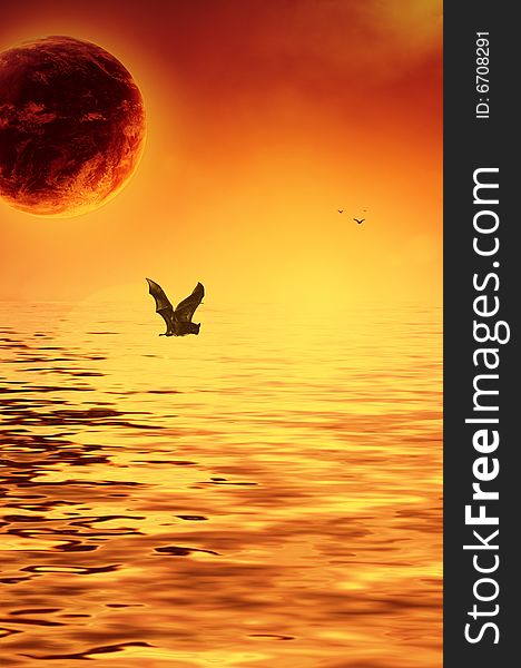 Fantastic scenery, orange sunset, the ocean, flying bats, planet. Fantastic scenery, orange sunset, the ocean, flying bats, planet