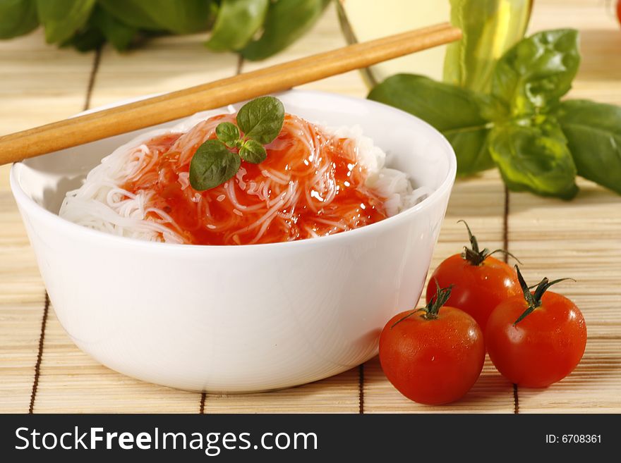 Very tasty rice pasta with tomato sauce