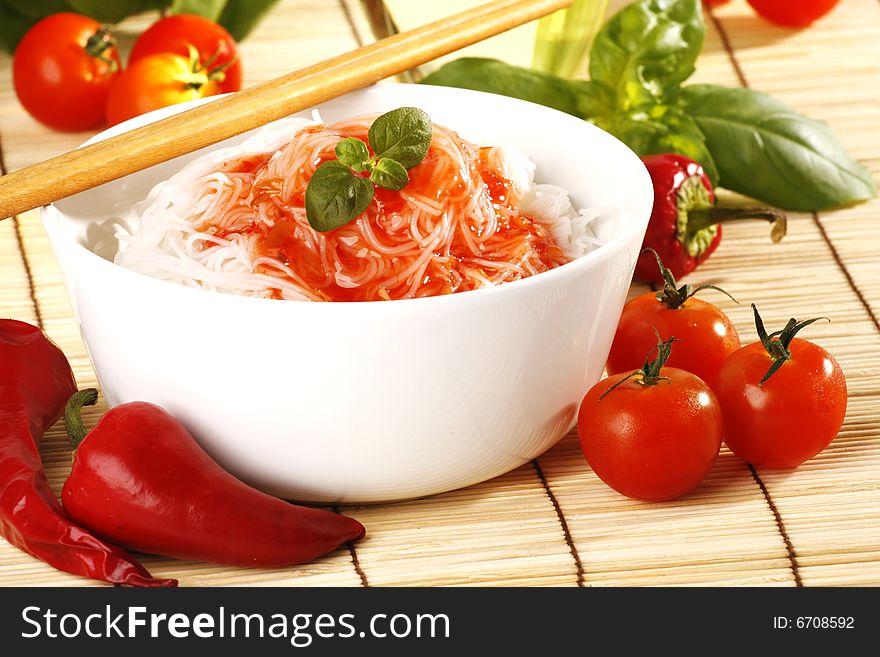 Tasty rice pasta with tomatoes