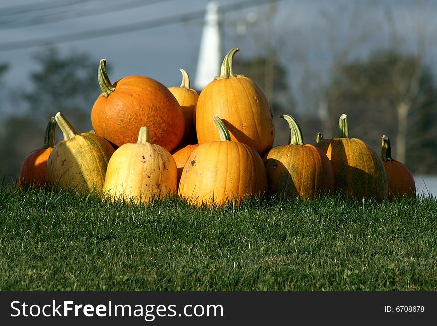 Stack of pumpkins sits on the grass. Stack of pumpkins sits on the grass
