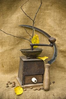 A Coffee Mill And A Sickle In The Mood Of Autumn Royalty Free Stock Image
