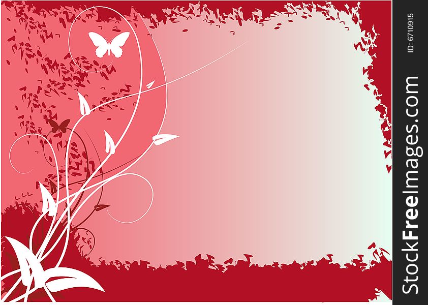 Red abstract background with plants and butterfly.