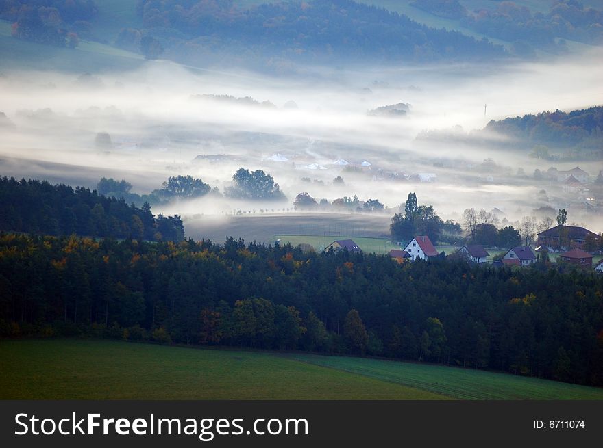 Autumn landscape with fog and coloured tree