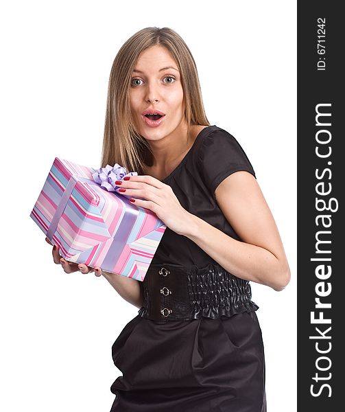 Girl with gift box on white background. Girl with gift box on white background