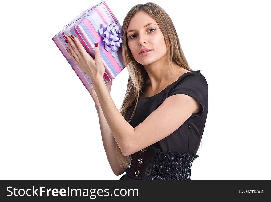 Girl with gift box on white background. Girl with gift box on white background