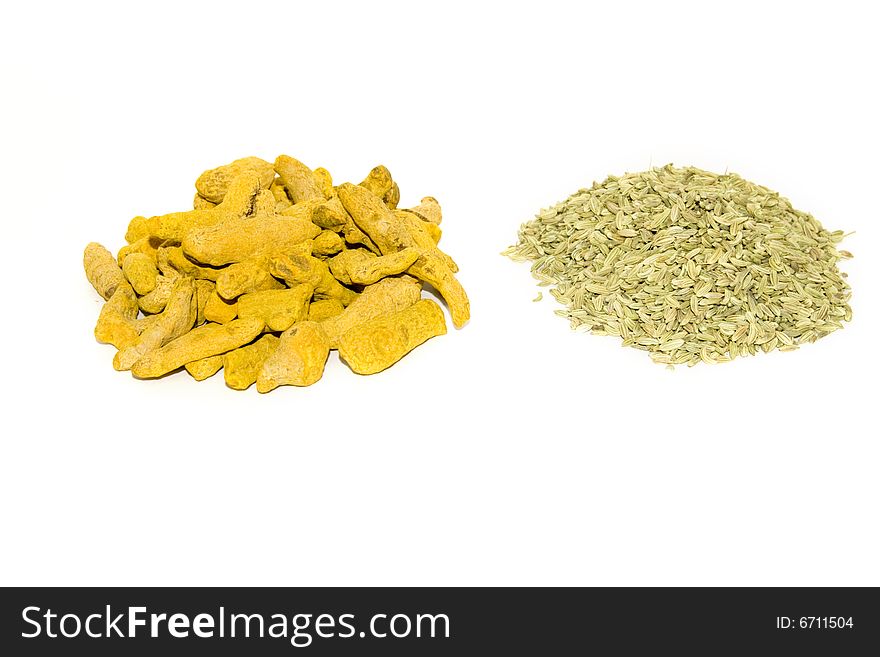 Turmeric and fennel on white background (These are ayurvedic medicine). Turmeric and fennel on white background (These are ayurvedic medicine)