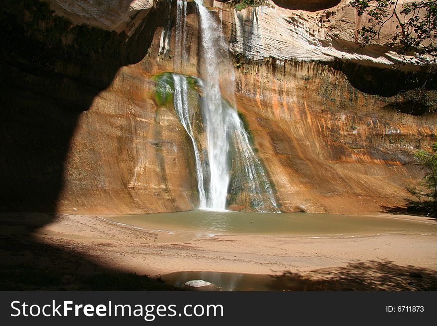 Calf Creek Falls framed by shadows