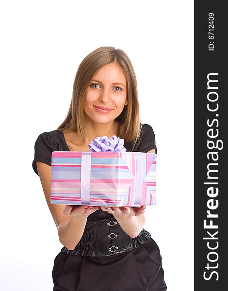 Girl with gift box on white background. Girl with gift box on white background