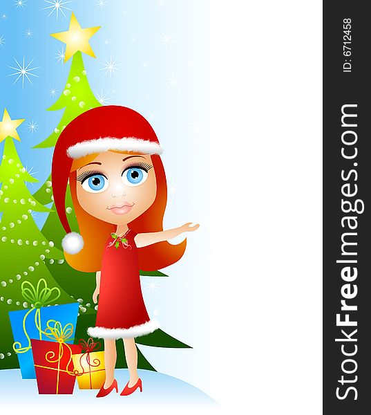 An illustration featuring a doll-like little girl standing beside Christmas tree and gifts with arm outstretched as if pointing at something - which would be your content!. An illustration featuring a doll-like little girl standing beside Christmas tree and gifts with arm outstretched as if pointing at something - which would be your content!