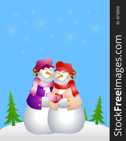 An illustration featuring a couple of lesbian snow women hugging in the snow set against blue background. An illustration featuring a couple of lesbian snow women hugging in the snow set against blue background